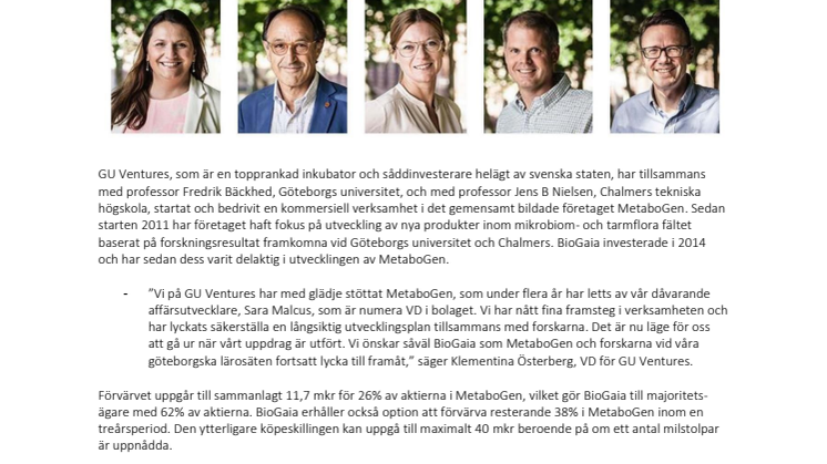 BioGaia förvärvar GU Ventures aktiepost i Metabogen