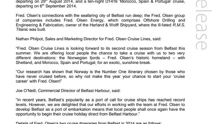 Fred. Olsen Cruise Lines returns to Belfast Harbour in 2014