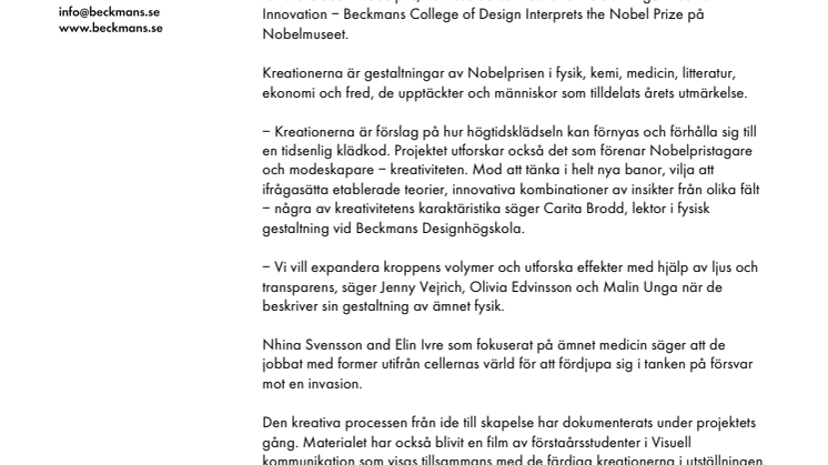 Fashion Innovation - Beckmans College of Design Interprets the Nobel Prize
