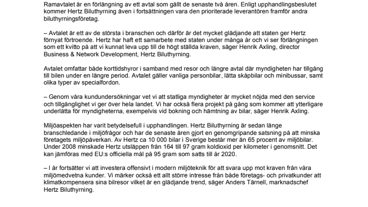 Svenska staten fortsätter välja Hertz Biluthyrning