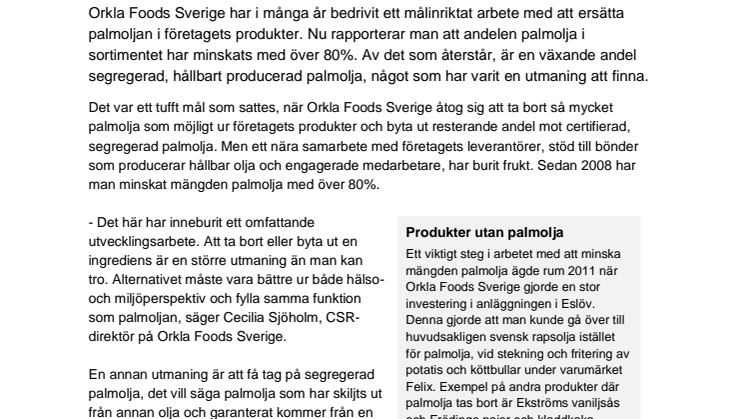​​Orkla Foods Sverige tar ytterligare krafttag mot palmoljan