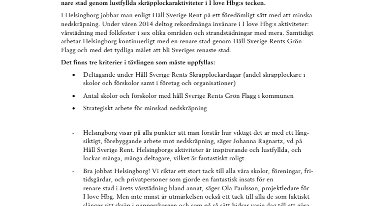 Helsingborg utsedd till bästa kommun av Håll Sverige Rent