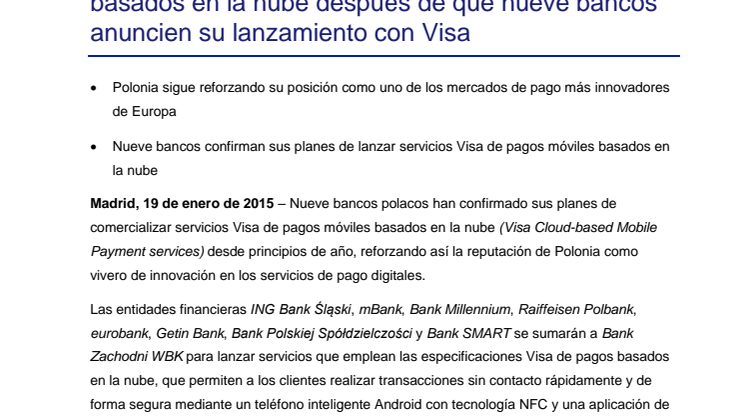 Polonia se convierte en líder de los pagos móviles basados en la nube después de que nueve bancos anuncien su lanzamiento con Visa