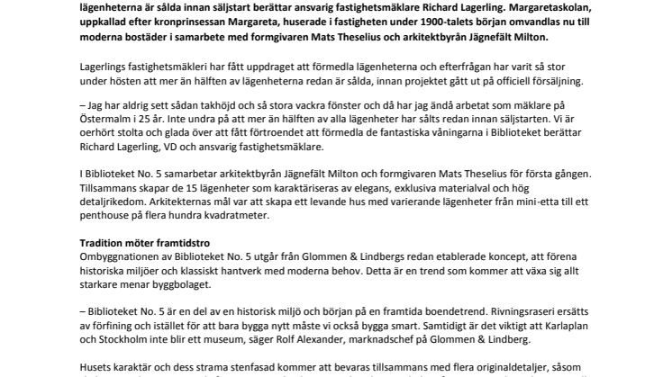 Glommen & Lindberg säljstartar 15 exklusiva lägenheter signerat Mats Theselius – över hälften redan sålda