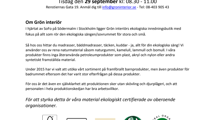 Pressvisning på Grön Interiör - ekologisk inredning 29:e september kl 08.30 - 11 