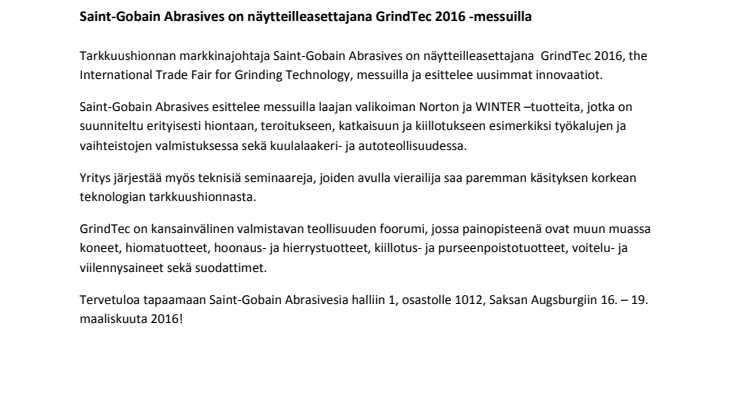 Saint-Gobain Abrasives on näytteilleasettajana GrindTec 2016 -messuilla