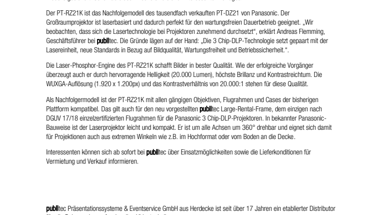 Panasonic PT-RZ21K: Der brandneue Laserprojektor jetzt bei publitec in der Vermietung und im Verkauf