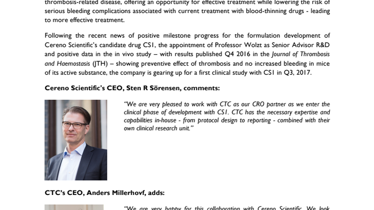 Cereno Scientific och CTC tecknar avtal för klinisk studie