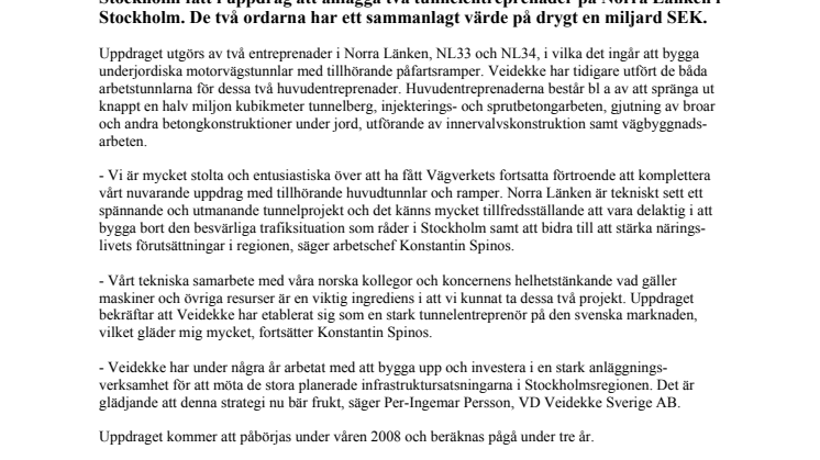 Veidekke har tilldelats ytterligare två infrastrukturentreprenader på Norra Länken i Stockholm