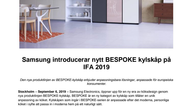Samsung introducerar nytt BESPOKE kylskåp på IFA 2019