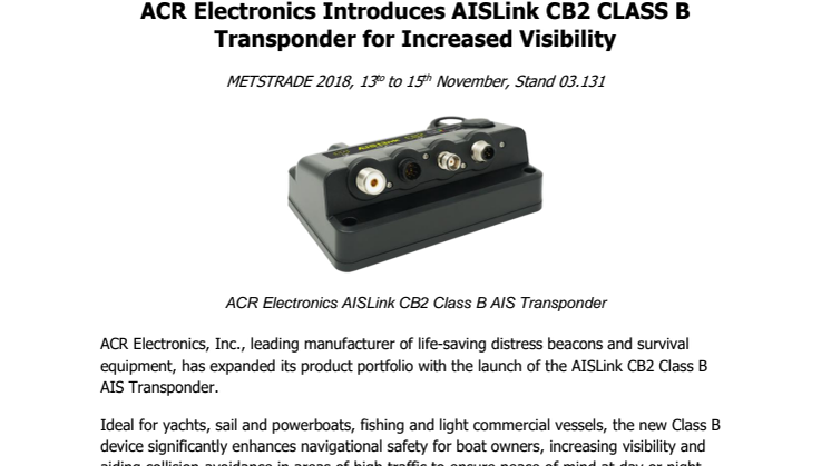 ACR Electronics Introduces AISLink CB2 CLASS B Transponder for Increased Visibility