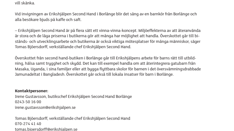 Nu öppnar Erikshjälpen Second Hand i Borlänge
