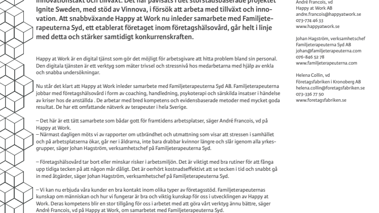 ​Startupbolaget Happy at Work inleder samarbete med etablerat bolag inom företagshälsovård
