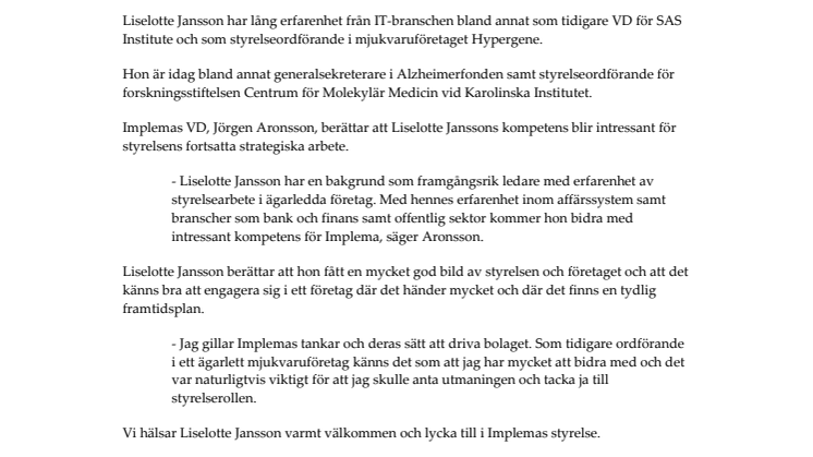 Liselotte Jansson ny styrelseledamot i Implema
