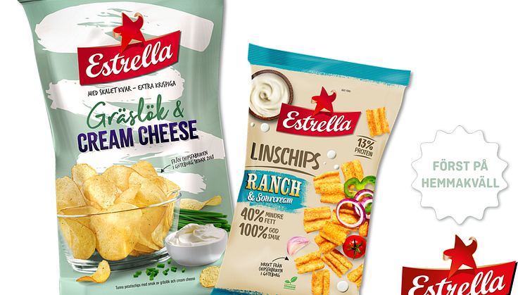 Estrella Linschips Rach & Soucream och potatischipset Gräslök & Cream Cheese förlanseras på Hemmakväll.