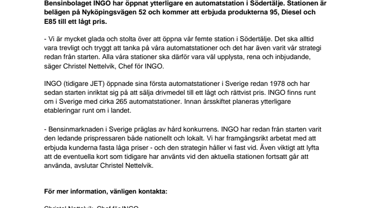 INGO har öppnat sin femte automatstation i Södertälje