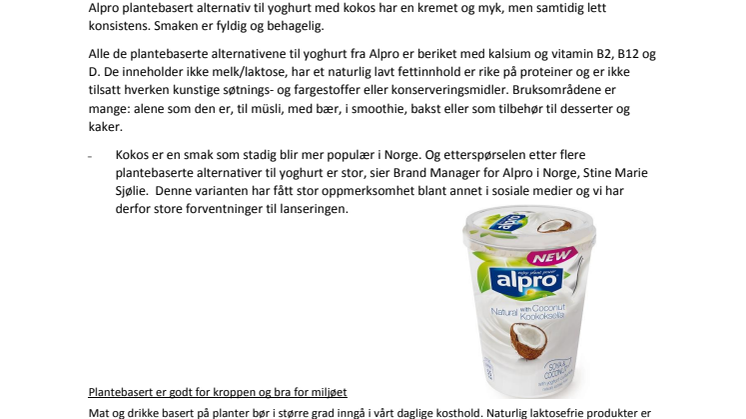 Alpro lanserer markedets første plantebaserte yoghurt med kokos