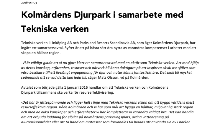 Kolmårdens Djurpark samarbetar med Tekniska verken