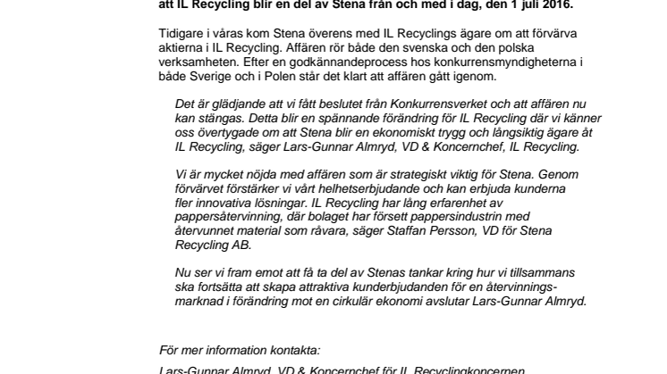 IL Recycling – en del av Stena 