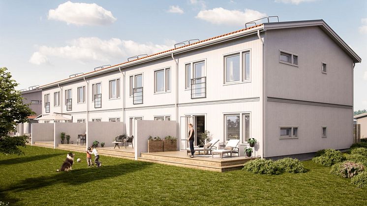 Brf Lövängen - 3D-bild av husens baksida