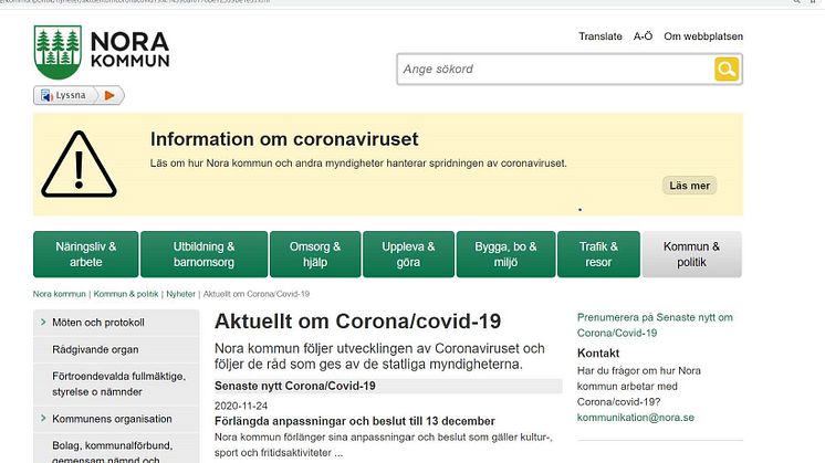 På Nora kommuns webbplats www.nora.se/corona finns all information om vad som gäller i Nora kommun kring corona-smittan.