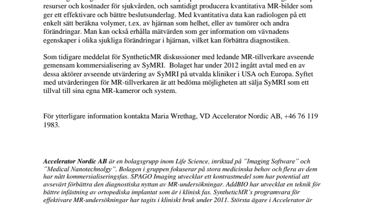 Accelerator ökar sitt innehav i SyntheticMR AB till 53,28 procent