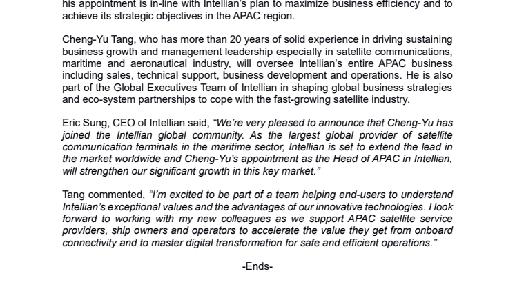 Intellian welcomes Cheng-Yu Tang as Vice President, and Head of APAC