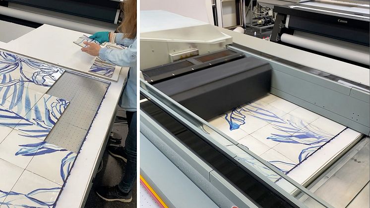 Keramiske fliser til Gevir ble printet med Canon Arizona hos Roomstories AS, i deres hittil mest omfattende oppdrag med print på flis. Der ble flisene ferdigbehandlet og nummerert for å lette håndverkernes arbeid.