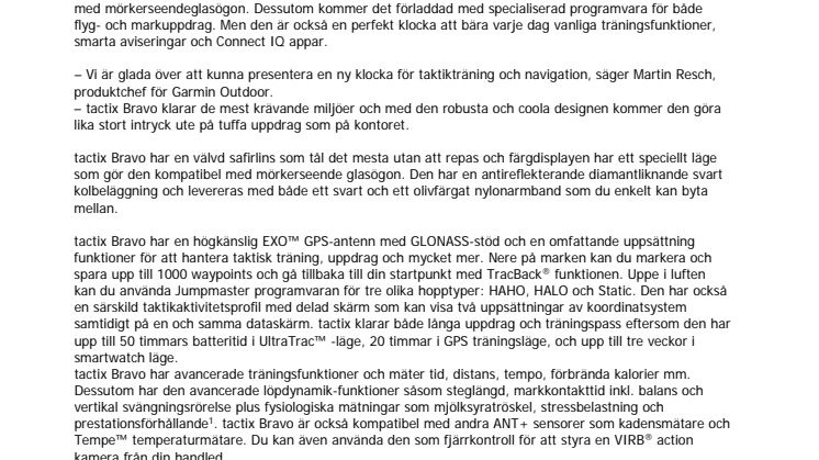 Garmin® presenterar tactix® Bravo: en taktisk sportklocka med GPS och smarta funktioner