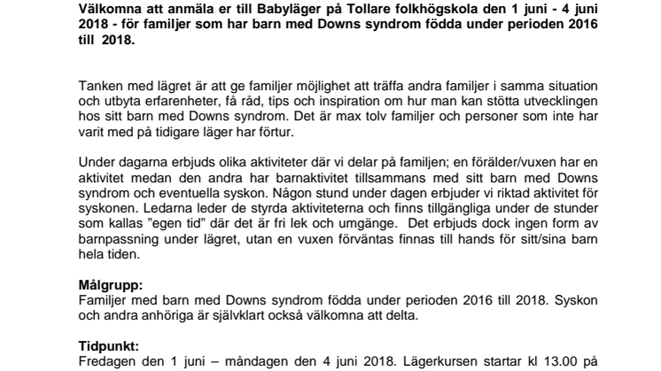 Inbjudan till Babyläger 1-4 juni