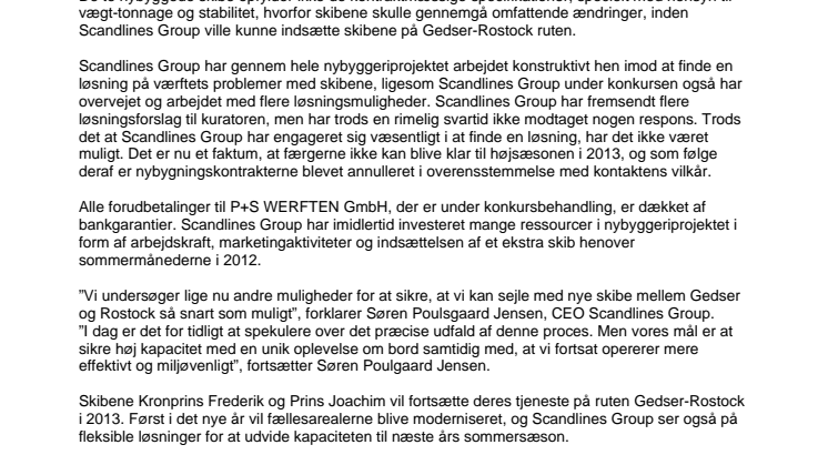Scandlines Group annullerer nybygningskontrakterne med P+S WERFTEN GmbH, der er under konkursbehandling