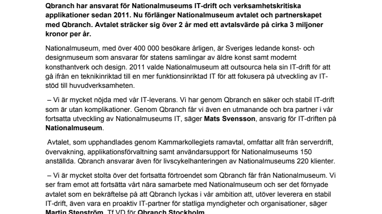 NATIONALMUSEUM FÖRLÄNGER IT-OUTSOURCINGAVTAL MED QBRANCH