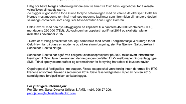 Schneider Electric sørger for sikker strømforsyning til Norges største containerterminal