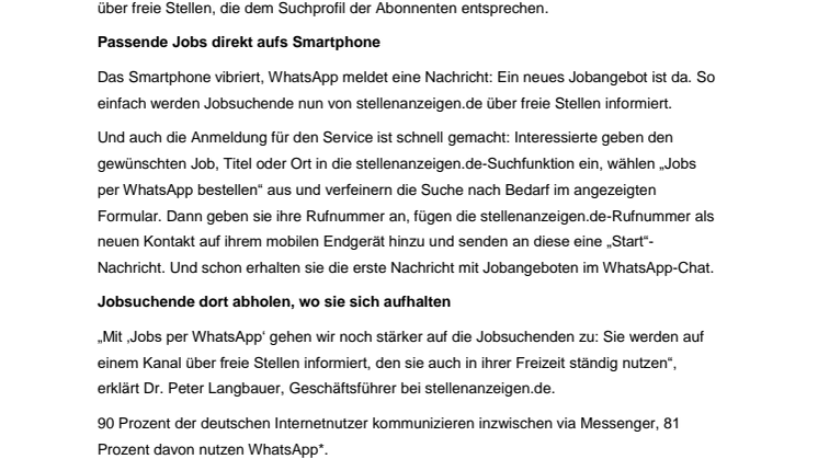Neuer Service bei stellenanzeigen.de: kostenlos passende Stellenangebote per WhatsApp