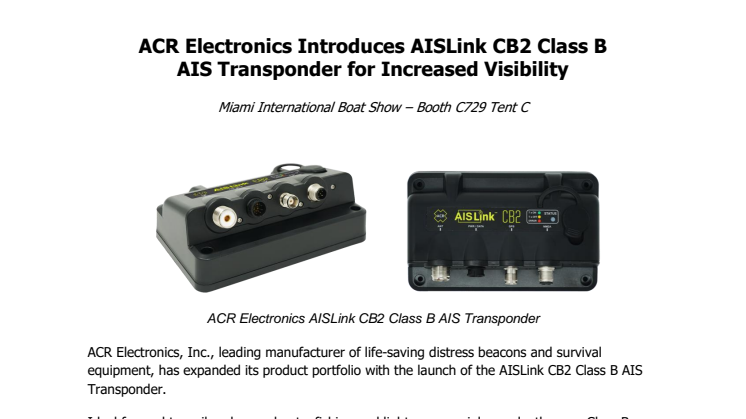 ACR Electronics Introduces AISLink CB2 Class B AIS Transponder for Increased Visibility