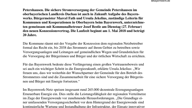 Bayernwerk und Petershausen verlängern Stromnetz-Partnerschaft