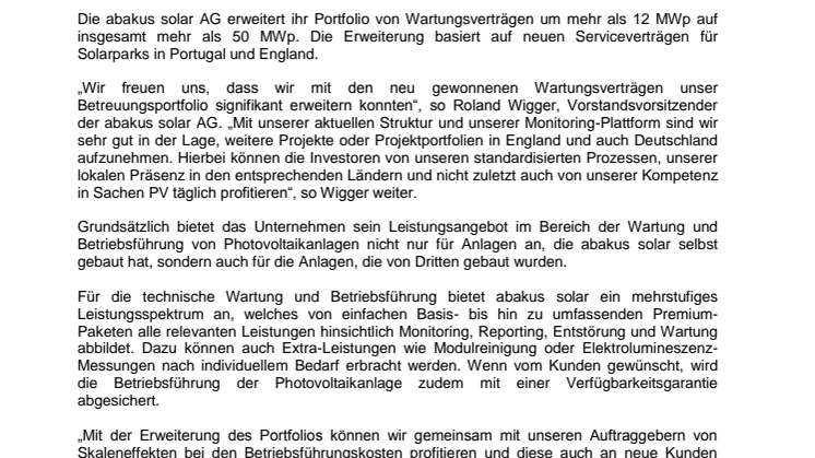 abakus solar AG erweitert Portfolio von Wartungsverträgen auf über 50 MWp