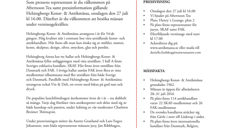 Inbjudan till pressvisning, Helsingborgs Konst- & Antikmässa