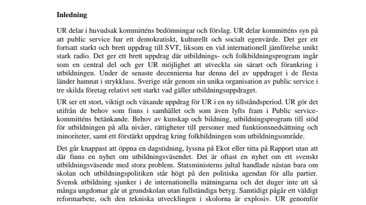 UR:s utbildningsprogram en viktig del i public service – remissvar på PS-utredningen