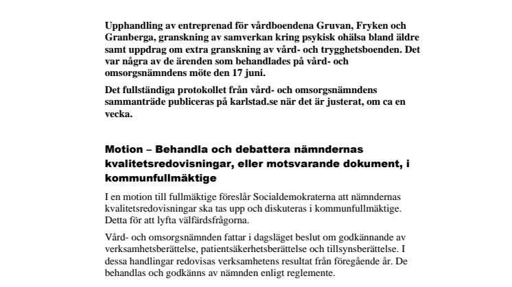 Vård- och omsorgsnämndens beslut i korthet den 17 juni