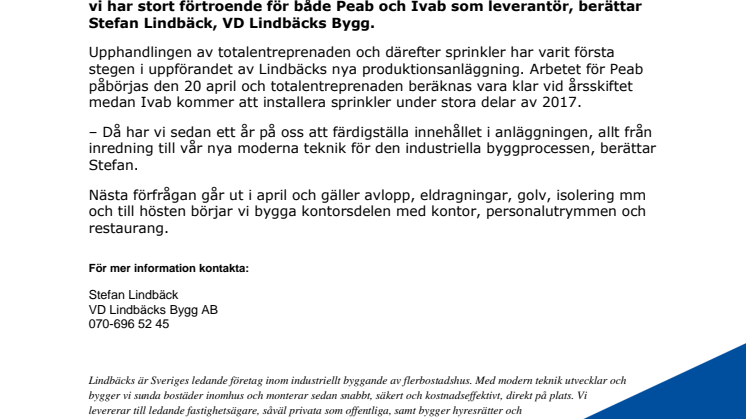 Peab bygger Lindbäcks nya produktionsanläggning