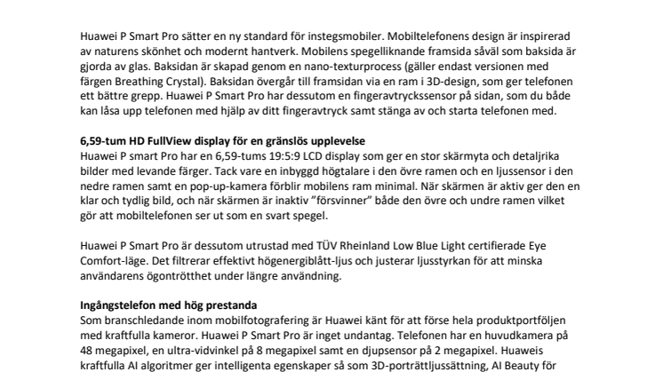 Huawei lanserar Huawei P Smart Pro – smakfull design och kompromisslös kvalitet 