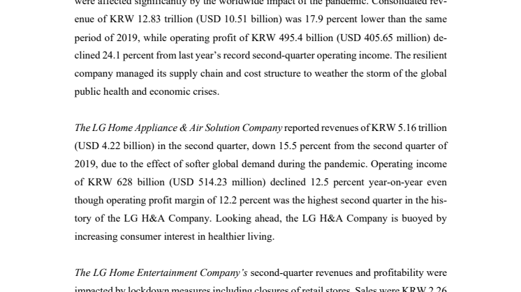 LG ANNOUNCES SECOND-QUARTER 2020 FINANCIAL RE-SULTS