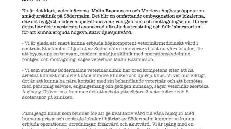 Snart öppnar Södermalms Veterinärklinik: "toppmodern och fullutrustad i hjärtat av Södermalm"