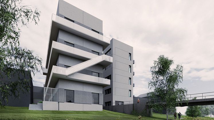 Flerfamiljshusen som byggs i Vallastaden i Linköping är extremt energisnåla och byggs i betong. Design: Campus Arkitekter