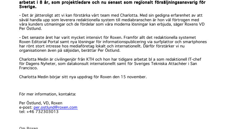 Roxen rekryterar ny försäljningschef