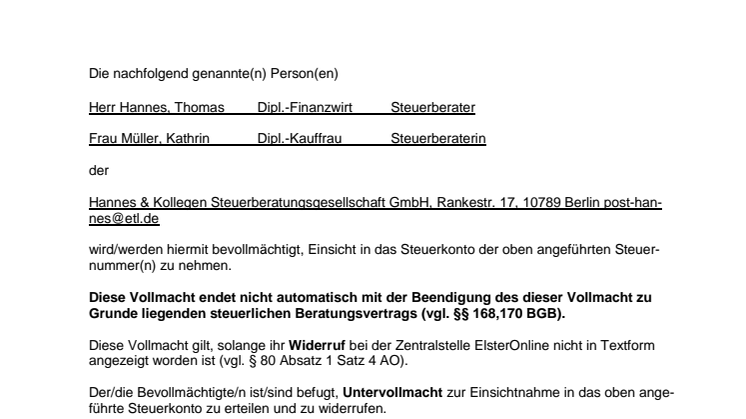 Vollmacht Steuerkonto online (Berlin)