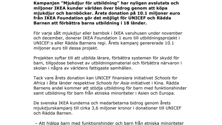 Årets mjukdjurskampanj genererade 10.1 miljoner euro till barn i Afrika, Asien och Europa