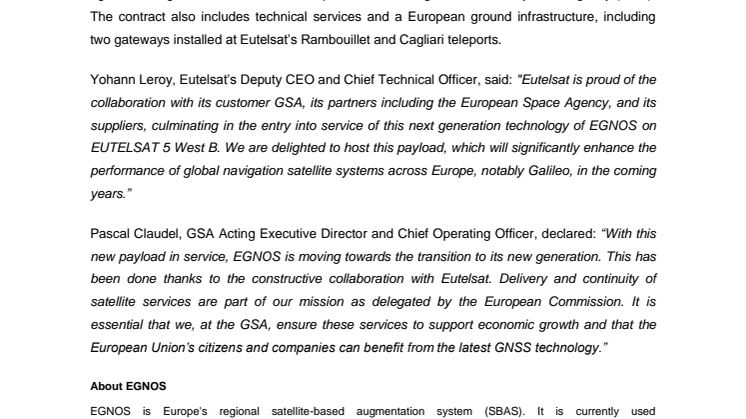 EGNOS payload enters service on EUTELSAT 5 West B