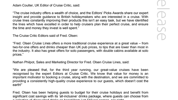 Fred. Olsen Cruise Lines is ‘Best Value for Money’ three years in a row, as voted by Cruise Critic experts